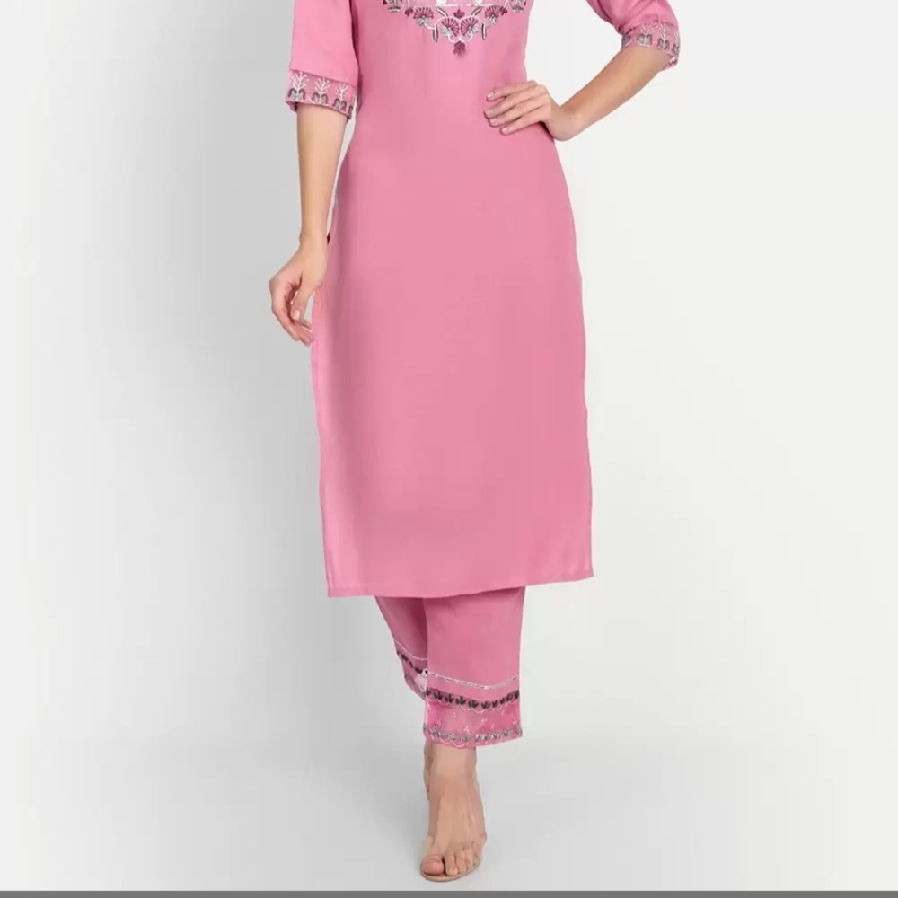Pink Ankle-Length Cotton Salwar Suit with Embroidered